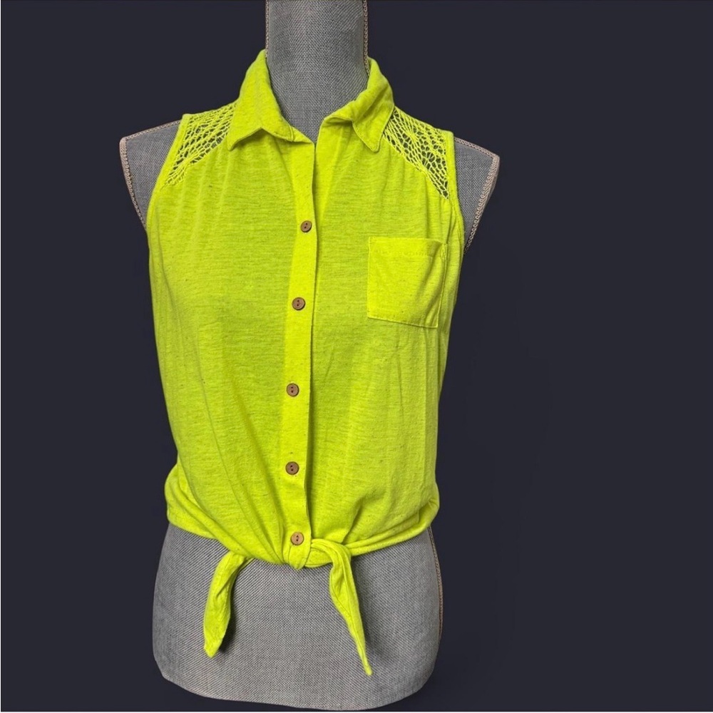 MMXIII Neon Yellow Linen Blend Crochet Lace Button Tie Top Rave‎ Dopamine Sz L